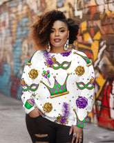 Women's Plus Size Mardi Gras Mask Print Long Sleeve Crewneck Sweatshirt